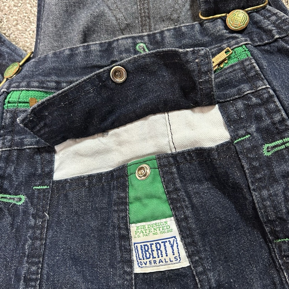 Liberty Overalls Men's 38x31 Dark Denim Bib Carpenter Green Stitch Zip Pocket - Picture 6 of 11